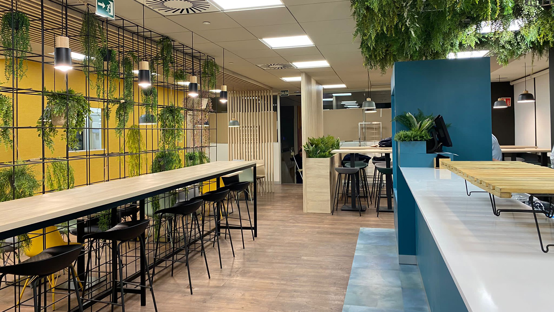 Comedor de mesa continua y decoración en restaurante